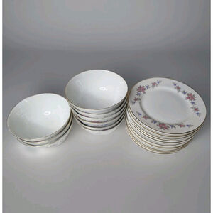 Vintage Tatung Rice Bowls And Plates Taiwan Gold Rim Set of 19 Floral